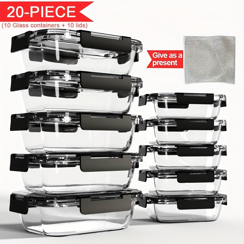 Stackable 20pcs Glass Food Container (10 Lids + 10 Containers) - Multi-purpose Meal Prep And Pantry. With Airtight Lids, Oven, Microwave, Refrigerator And Dishwasher Safe. Durable, Space-saving Design Improves Heating Efficiency And Organization.