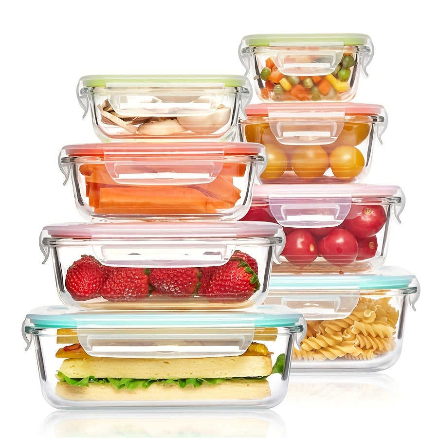 8pcs Set Of Glass Fresh-keeping Box, Food Storage Container, Leak Proof Sealed Lid, Lunch Box, Suitable for Microwave Ovens, Ovens, Refrigerators, And Dishwashers.