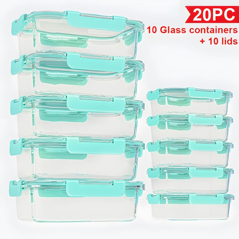 Stackable 20pcs Glass Food Container (10 Lids + 10 Containers) - Multi-purpose Meal Prep And Pantry. With Airtight Lids, Oven, Microwave, Refrigerator And Dishwasher Safe. Durable, Space-saving Design Improves Heating Efficiency And Organization.
