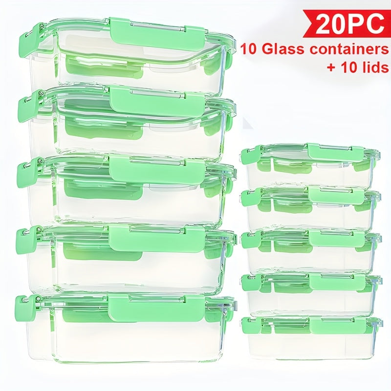 Stackable 20pcs Glass Food Container (10 Lids + 10 Containers) - Multi-purpose Meal Prep And Pantry. With Airtight Lids, Oven, Microwave, Refrigerator And Dishwasher Safe. Durable, Space-saving Design Improves Heating Efficiency And Organization.