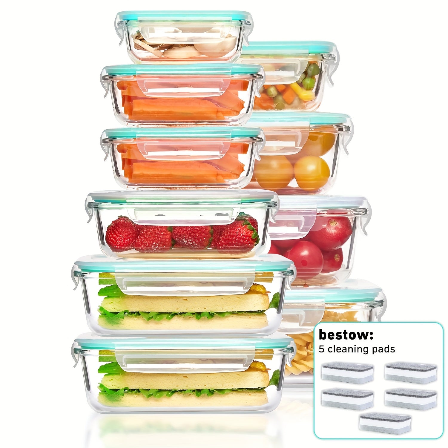 4/8/10pcs Glass Food Storage Container, Meal Preparation, Sealed Bento Box with Leak-proof Lock Lid, Microwave, Lunch Box, Oven, Refrigerator And Dishwasher, BPA-free, Contains Two Cleaning Sponges