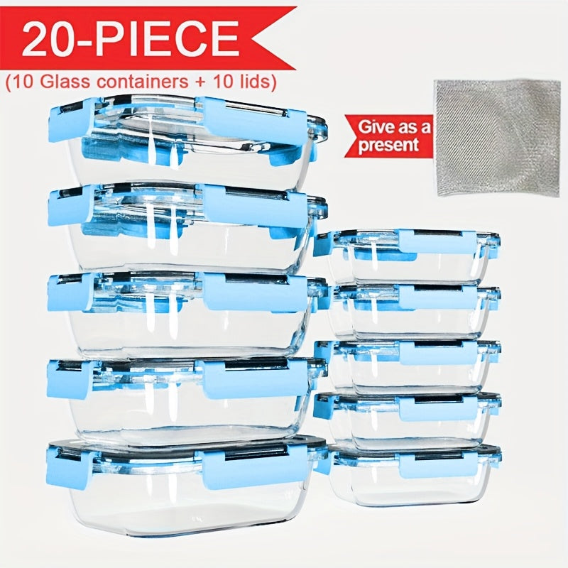 Stackable 20pcs Glass Food Container (10 Lids + 10 Containers) - Multi-purpose Meal Prep And Pantry. With Airtight Lids, Oven, Microwave, Refrigerator And Dishwasher Safe. Durable, Space-saving Design Improves Heating Efficiency And Organization.