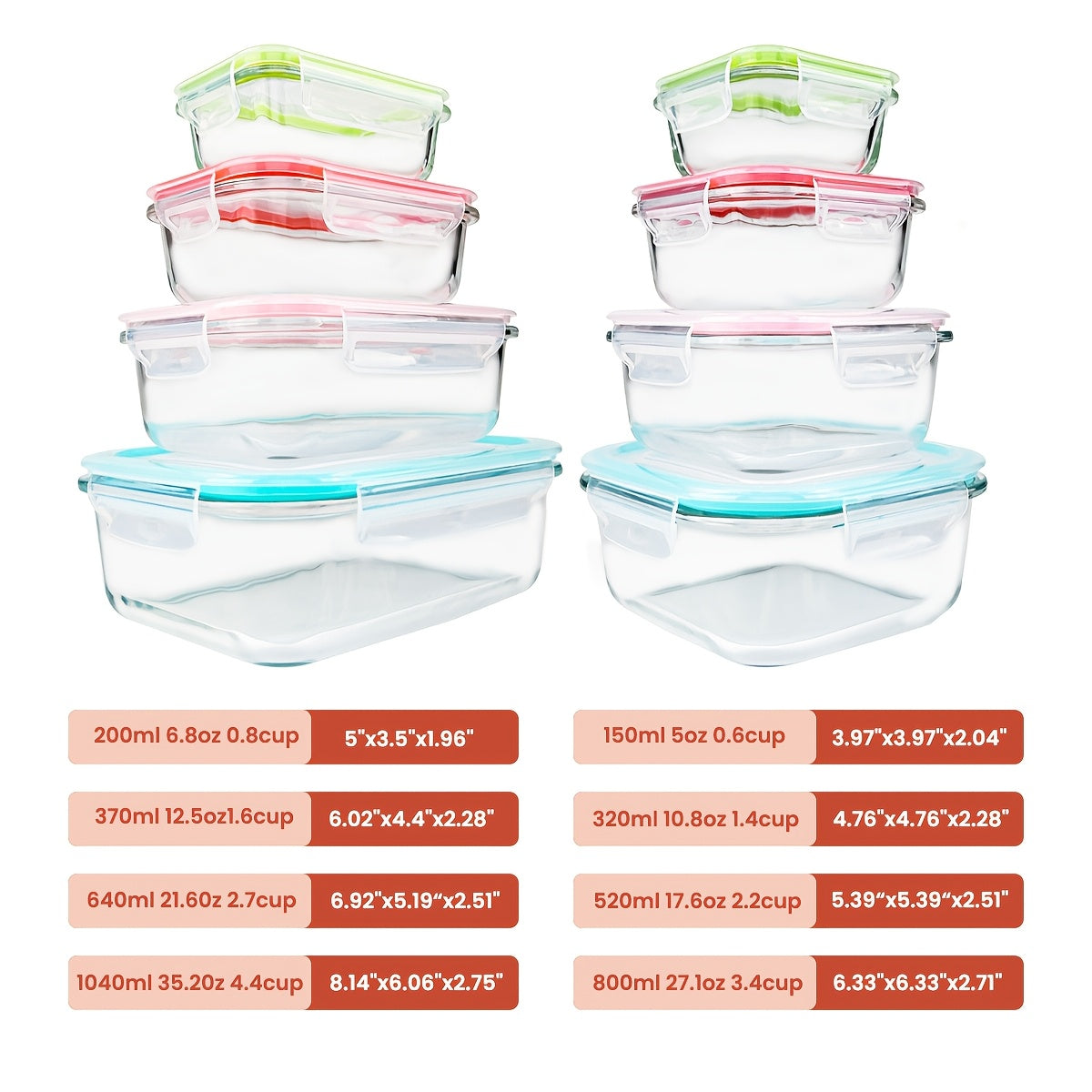 8 Pack Premium Glass Food Storage Containers - Airtight, Leak-Proof, Microwave, Oven, Freezer & Dishwasher Safe - BPA-Free, Stain-Resistant, Easy-Clean Design with Color-Coded Lids for Meal Prep, Bento Boxes & Leftovers, Kitchen Organization, Modern