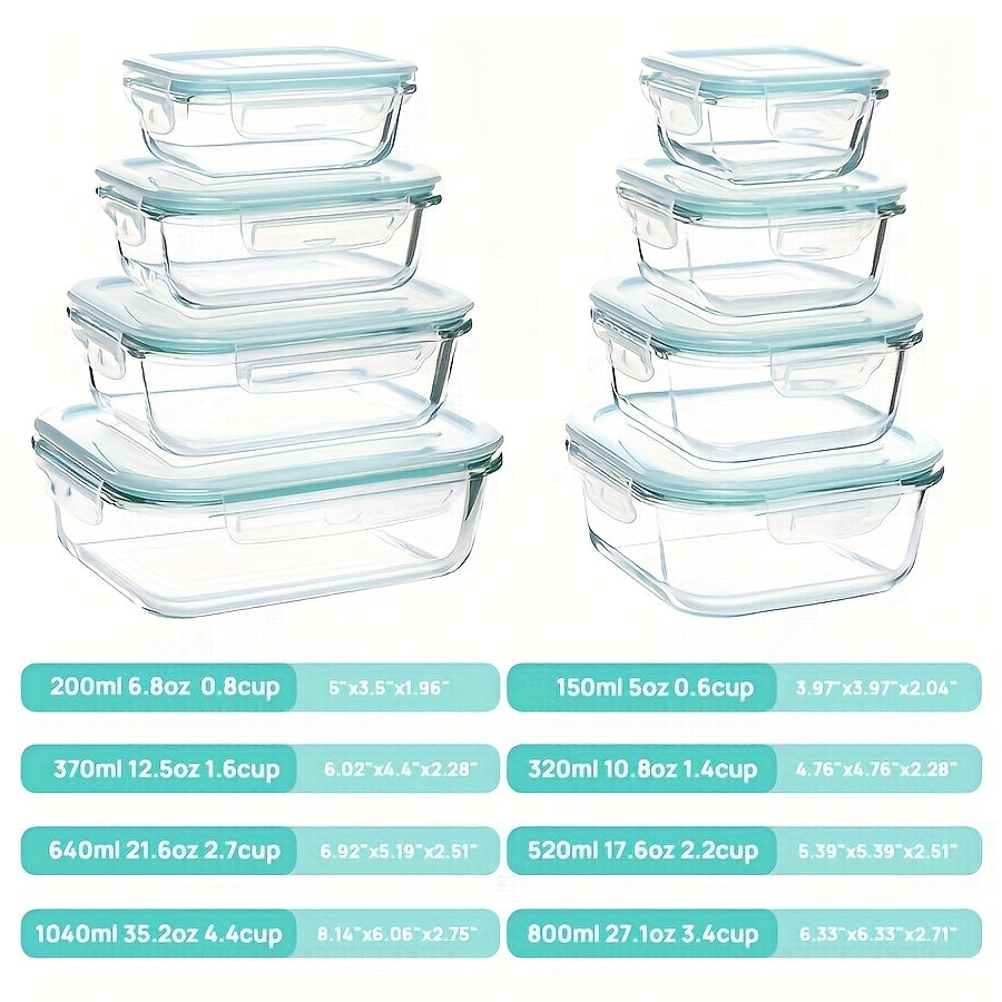 8pcs Glass Food Storage Containers with Leak-Proof Sealing Lids, Bento Boxes, Microwave, Oven, Freezer And Dishwasher Safe