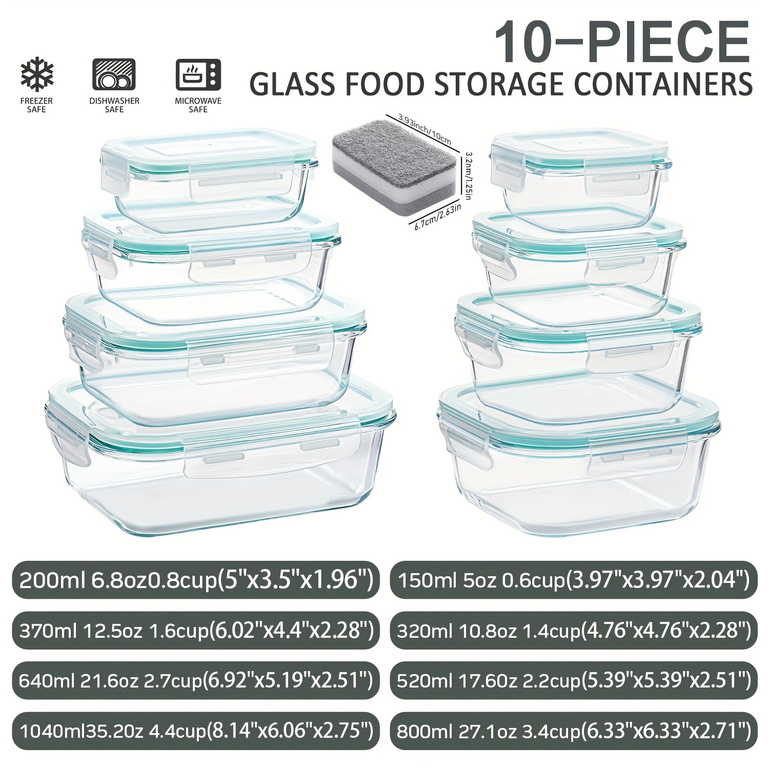 10 Glass Food Storage Containers, Pre-meal Preparation, Sealed Bento Boxes, Leak-proof Lock LIDS, Microwave Ovens, Lunch Boxes, Ovens, Refrigerators And Dishwashers, BPA-free, Containing Five Cleaning Sponges